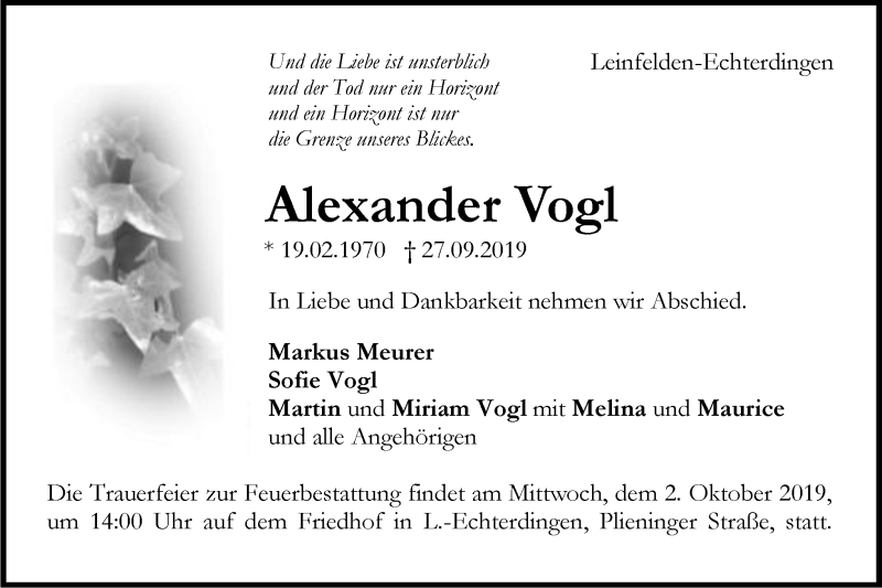  Traueranzeige für Alexander Vogl vom 01.10.2019 aus Geislinger Zeitung