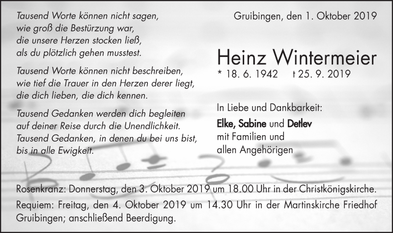  Traueranzeige für Heinz Wintermeier vom 01.10.2019 aus NWZ Neue Württembergische Zeitung/Geislinger Zeitung