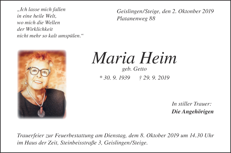  Traueranzeige für Maria Heim vom 02.10.2019 aus Geislinger Zeitung