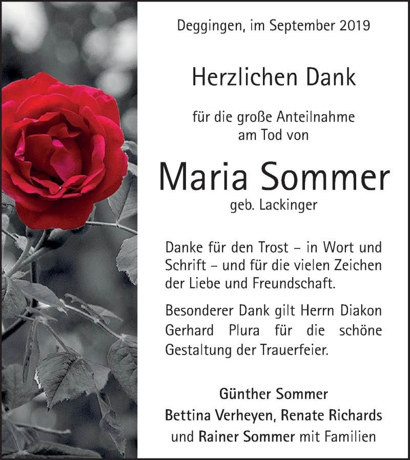 Traueranzeige für Maria Sommer vom 28.09.2019 aus Geislinger Zeitung