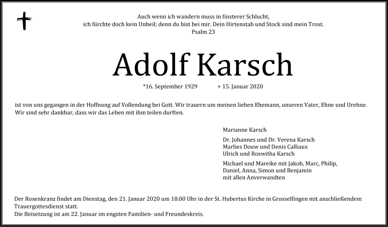  Traueranzeige für Adolf Karsch vom 18.01.2020 aus Hohenzollerische Zeitung