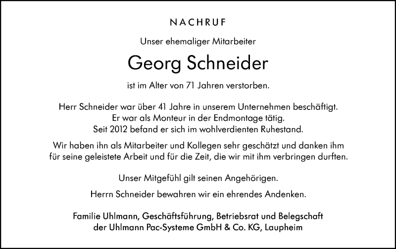  Traueranzeige für Georg Schneider vom 10.01.2020 aus SÜDWEST PRESSE Ausgabe Ulm/Neu-Ulm