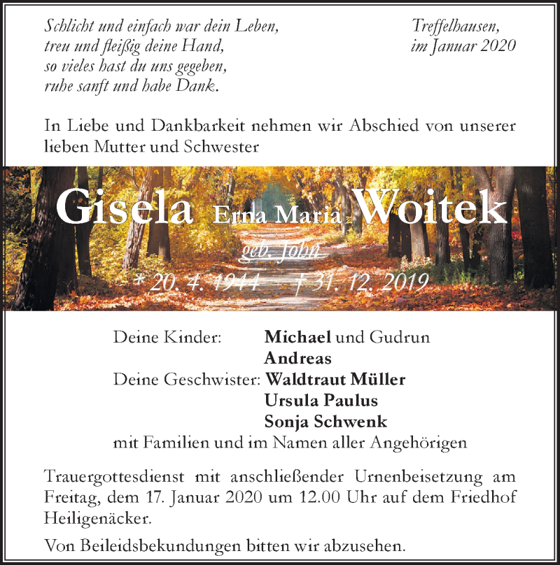  Traueranzeige für Gisela Erna Maria Woitek vom 13.01.2020 aus Geislinger Zeitung