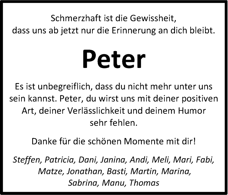  Traueranzeige für Peter Hölz vom 03.01.2020 aus Alb-Bote/Metzinger-Uracher Volksblatt