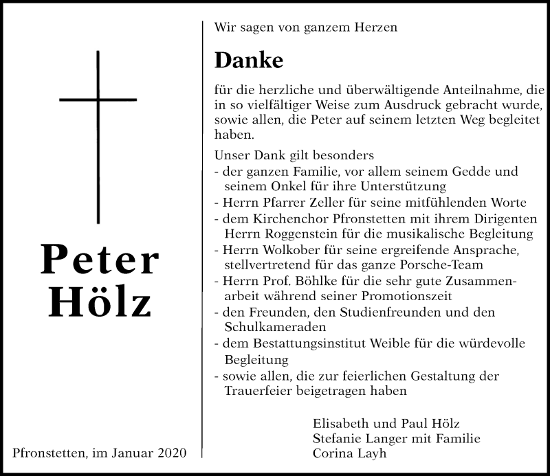  Traueranzeige für Peter Hölz vom 25.01.2020 aus Alb-Bote/Metzinger-Uracher Volksblatt