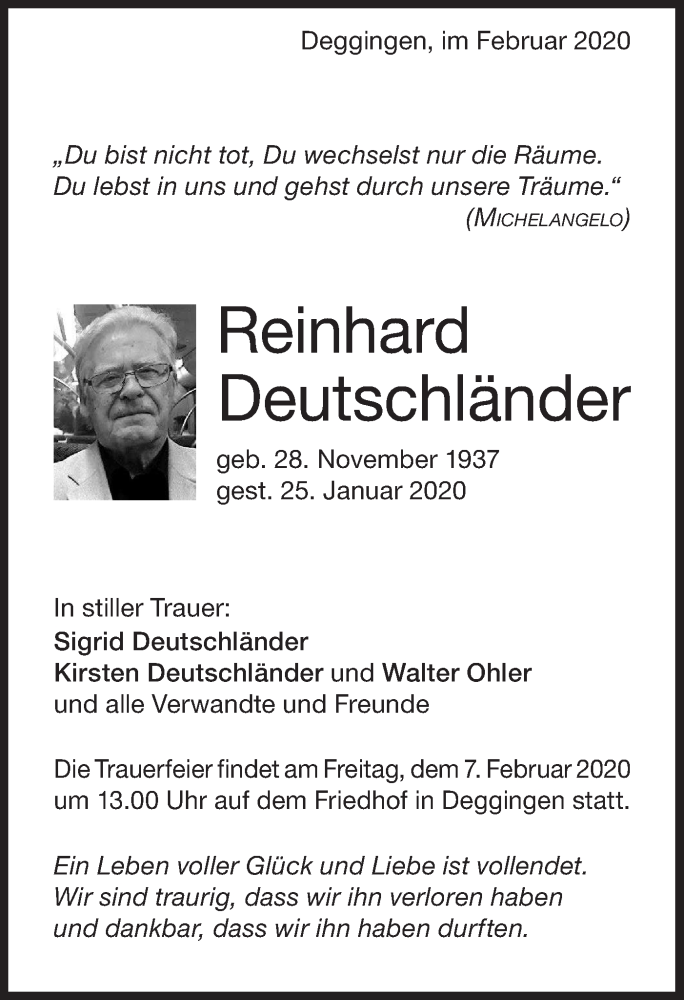  Traueranzeige für Reinhard Deutschländer vom 01.02.2020 aus Geislinger Zeitung