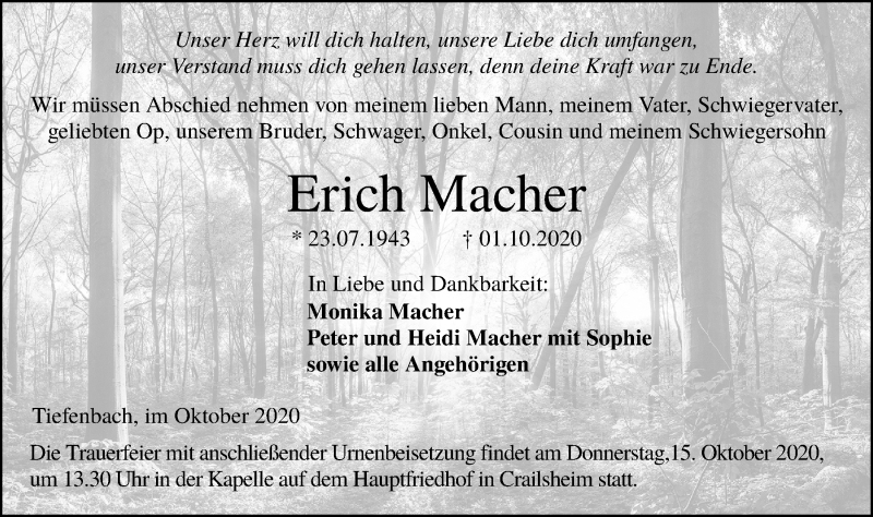  Traueranzeige für Erich Macher vom 06.10.2020 aus Hohenloher Tagblatt