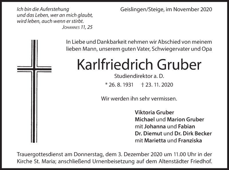  Traueranzeige für Karlfriedrich Gruber vom 28.11.2020 aus Geislinger Zeitung