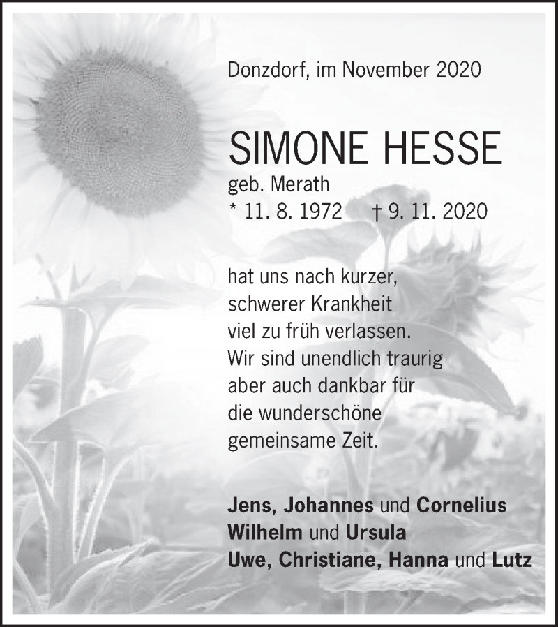  Traueranzeige für Simone Hesse vom 13.11.2020 aus NWZ Neue Württembergische Zeitung