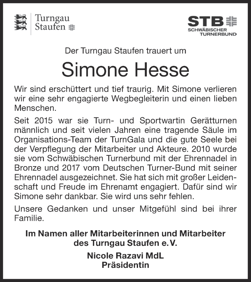  Traueranzeige für Simone Hesse vom 13.11.2020 aus NWZ Neue Württembergische Zeitung/Geislinger Zeitung