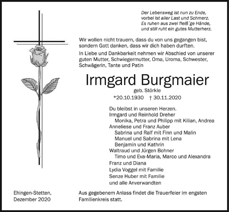  Traueranzeige für Irmgard Burgmaier vom 04.12.2020 aus Ehinger Tagblatt