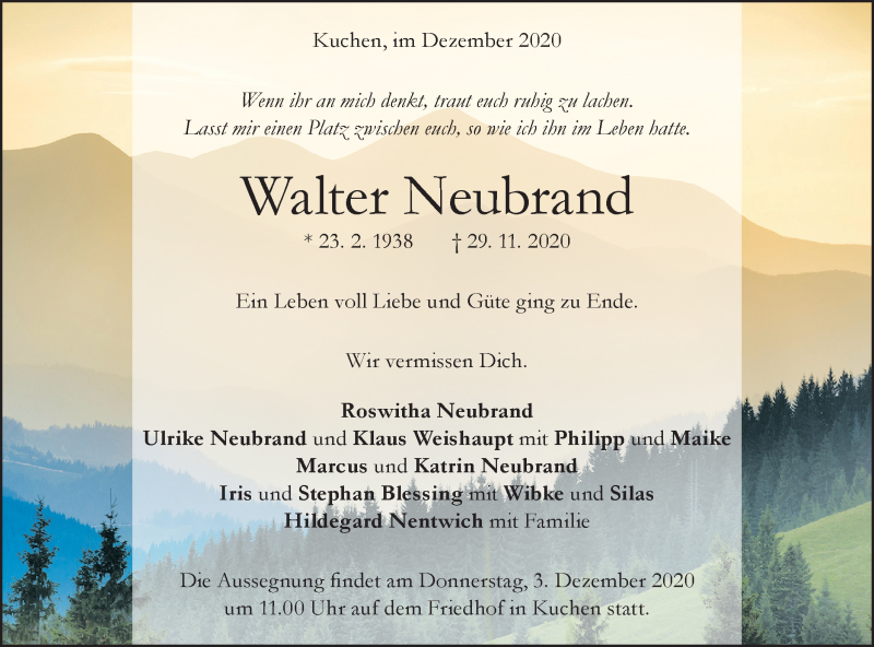  Traueranzeige für Walter Neubrand vom 02.12.2020 aus Geislinger Zeitung