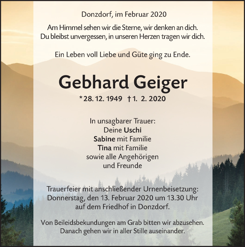 Traueranzeige für Gebhard Geiger vom 07.02.2020 aus NWZ Neue Württembergische Zeitung/Geislinger Zeitung