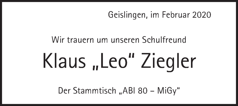  Traueranzeige für Klaus Ziegler vom 05.02.2020 aus Geislinger Zeitung