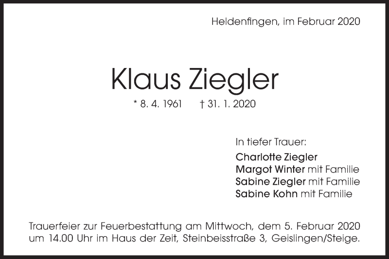  Traueranzeige für Klaus Ziegler vom 04.02.2020 aus Geislinger Zeitung