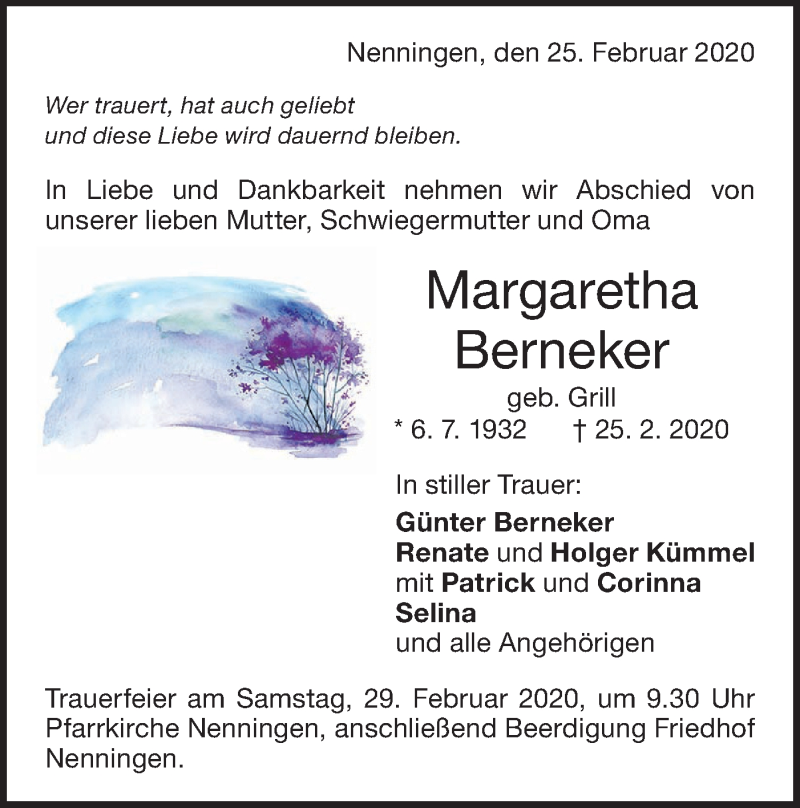 Traueranzeige für Margaretha Berneker vom 27.02.2020 aus NWZ Neue Württembergische Zeitung