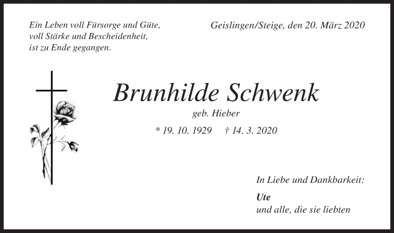  Traueranzeige für Brunhilde Schwenk vom 20.03.2020 aus Geislinger Zeitung