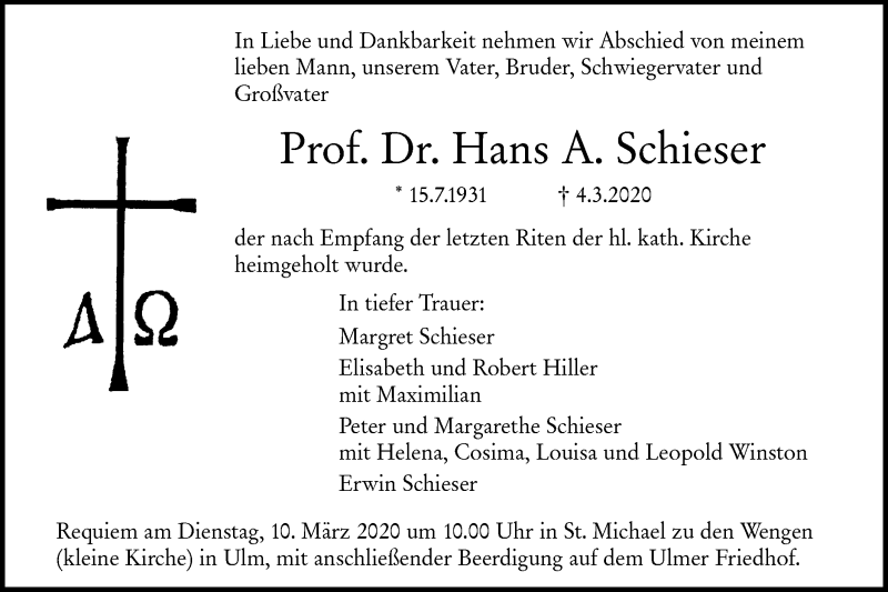  Traueranzeige für Hans A. Schieser vom 07.03.2020 aus SÜDWEST PRESSE Ausgabe Ulm/Neu-Ulm