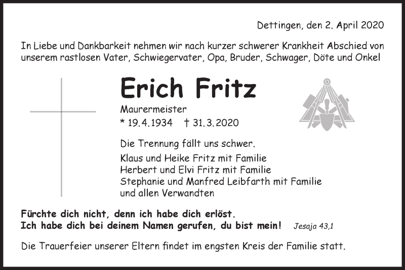  Traueranzeige für Erich Fritz vom 02.04.2020 aus Metzinger-Uracher Volksblatt