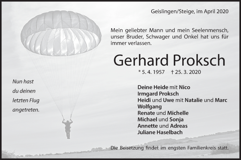  Traueranzeige für Gerhard Proksch vom 02.04.2020 aus Geislinger Zeitung