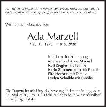 Traueranzeige von Ada Marzell von Metzinger-Uracher Volksblatt