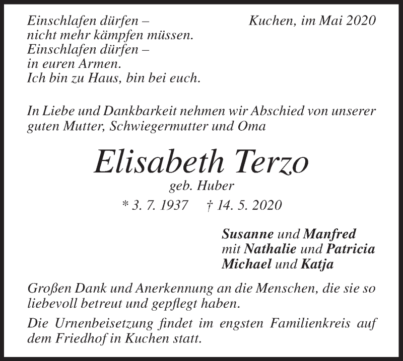  Traueranzeige für Elisabeth Terzo vom 20.05.2020 aus Geislinger Zeitung