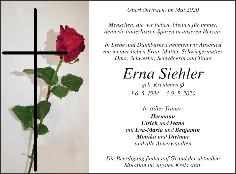  Traueranzeige für Erna Siehler vom 13.05.2020 aus Geislinger Zeitung