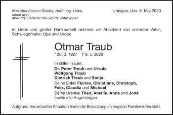 Traueranzeige von Otmar Traub von NWZ Neue Württembergische Zeitung