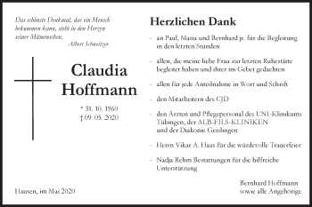 Traueranzeige von Claudia Hoffmann von NWZ Neue Württembergische Zeitung/Geislinger Zeitung