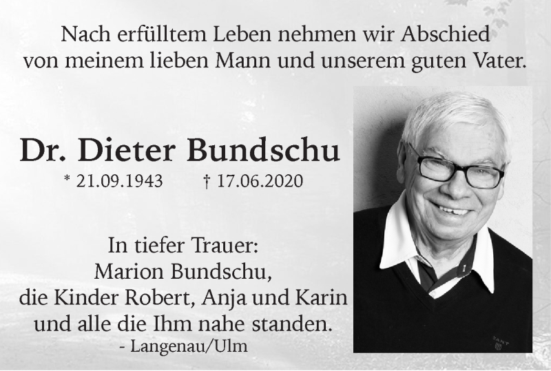  Traueranzeige für Dieter Bundschu vom 27.06.2020 aus SÜDWEST PRESSE Ausgabe Ulm/Neu-Ulm