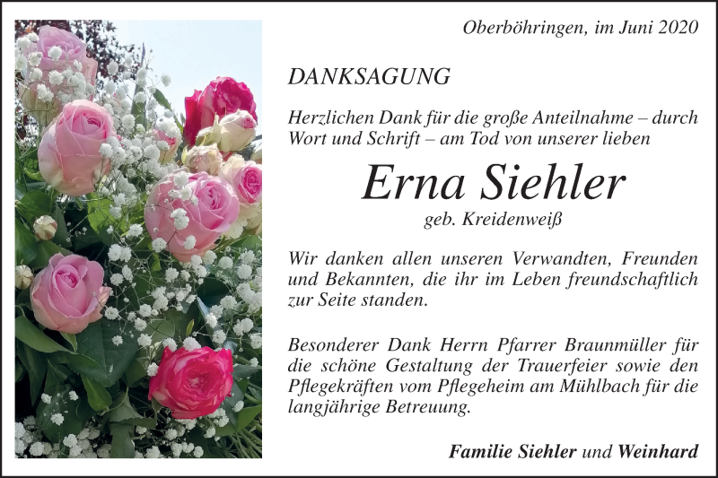  Traueranzeige für Erna Siehler vom 06.06.2020 aus Geislinger Zeitung