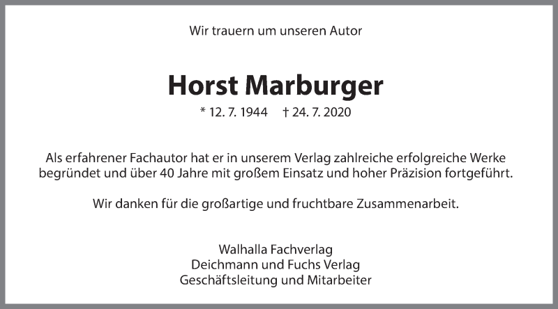  Traueranzeige für Horst Marburger vom 01.08.2020 aus Geislinger Zeitung