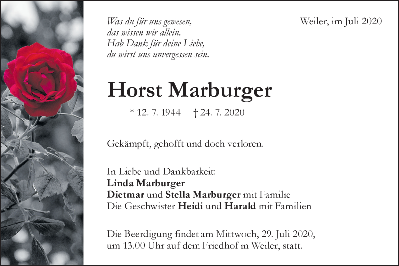  Traueranzeige für Horst Marburger vom 27.07.2020 aus Geislinger Zeitung