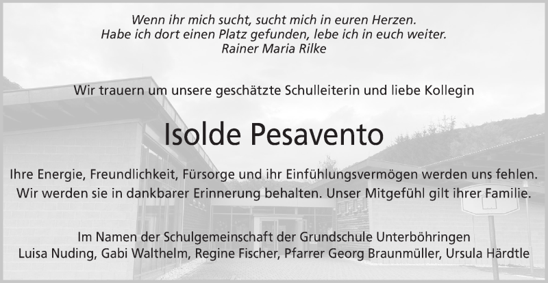  Traueranzeige für Isolde Pesavento vom 31.07.2020 aus Geislinger Zeitung