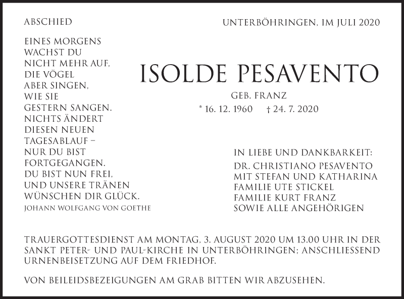  Traueranzeige für Isolde Pesavento vom 29.07.2020 aus Geislinger Zeitung