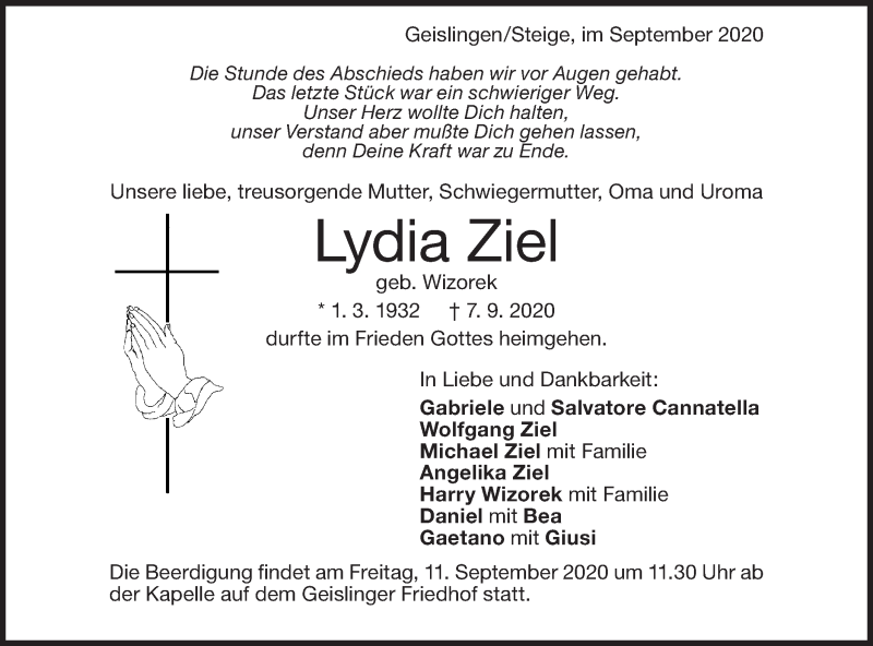  Traueranzeige für Lydia Ziel vom 09.09.2020 aus Geislinger Zeitung