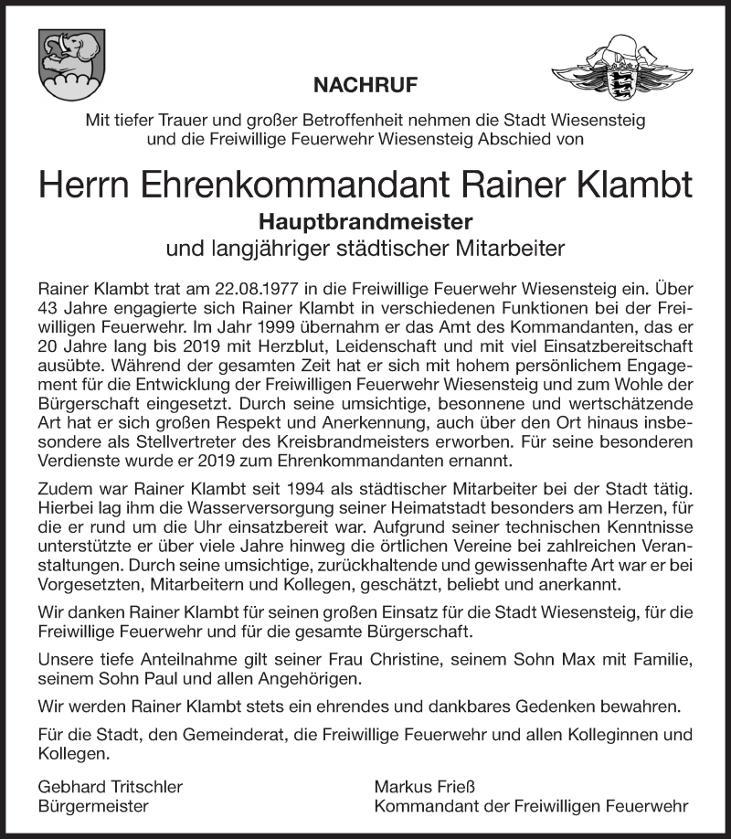  Traueranzeige für Rainer Klambt vom 12.09.2020 aus NWZ Neue Württembergische Zeitung/Geislinger Zeitung