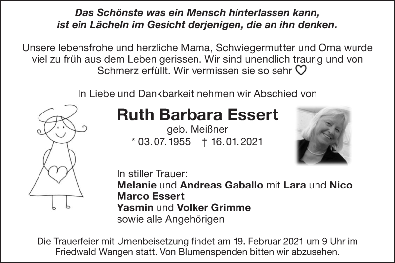  Traueranzeige für Ruth Barbara Essert vom 23.01.2021 aus NWZ Neue Württembergische Zeitung/Geislinger Zeitung