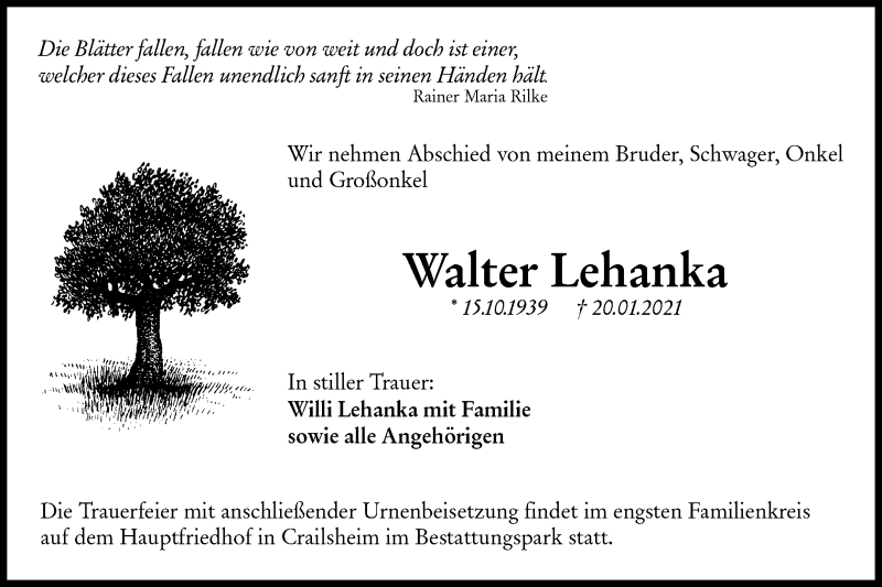  Traueranzeige für Walter Lehanka vom 27.01.2021 aus Hohenloher Tagblatt