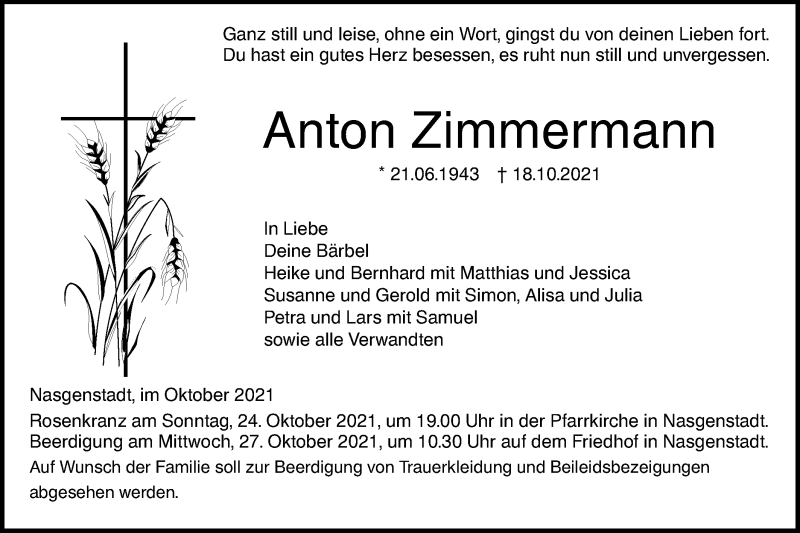  Traueranzeige für Anton Zimmermann vom 22.10.2021 aus Ehinger Tagblatt