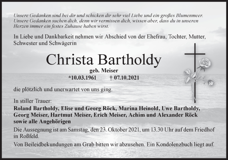  Traueranzeige für Christa Bartholdy vom 22.10.2021 aus Hohenloher Tagblatt
