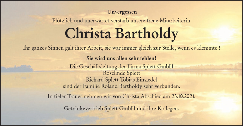  Traueranzeige für Christa Bartholdy vom 23.10.2021 aus Hohenloher Tagblatt