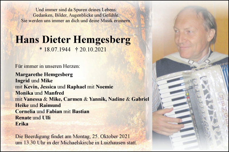  Traueranzeige für Hans Dieter Hemgesberg vom 22.10.2021 aus Geislinger Zeitung