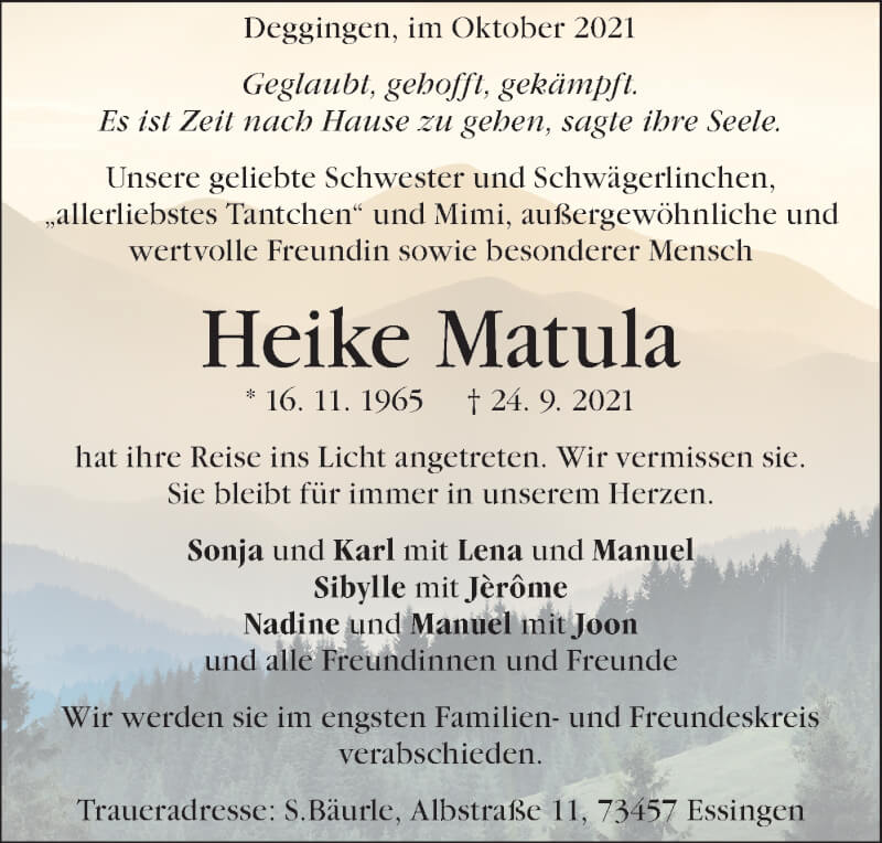  Traueranzeige für Heike Matula vom 04.10.2021 aus Geislinger Zeitung