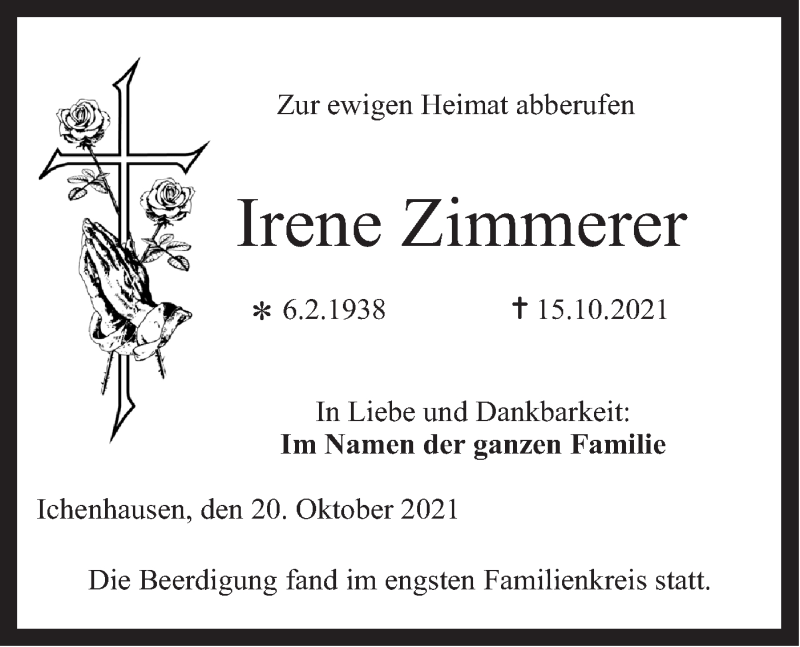  Traueranzeige für Irene Zimmerer vom 20.10.2021 aus NWZ Neue Württembergische Zeitung/Geislinger Zeitung