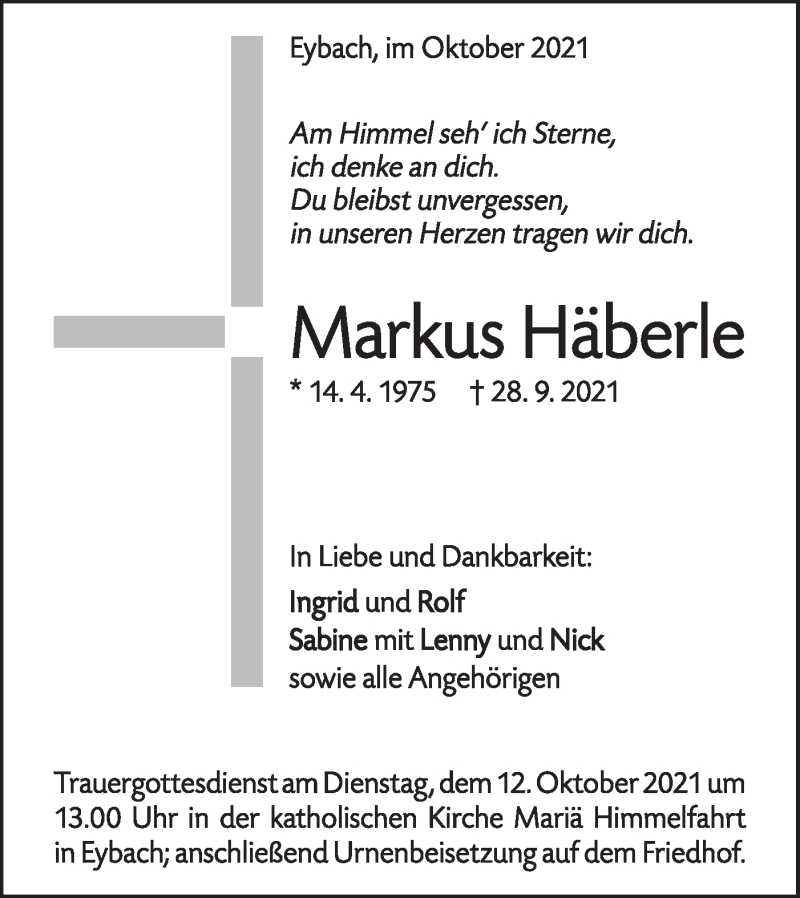  Traueranzeige für Markus Häberle vom 07.10.2021 aus Geislinger Zeitung