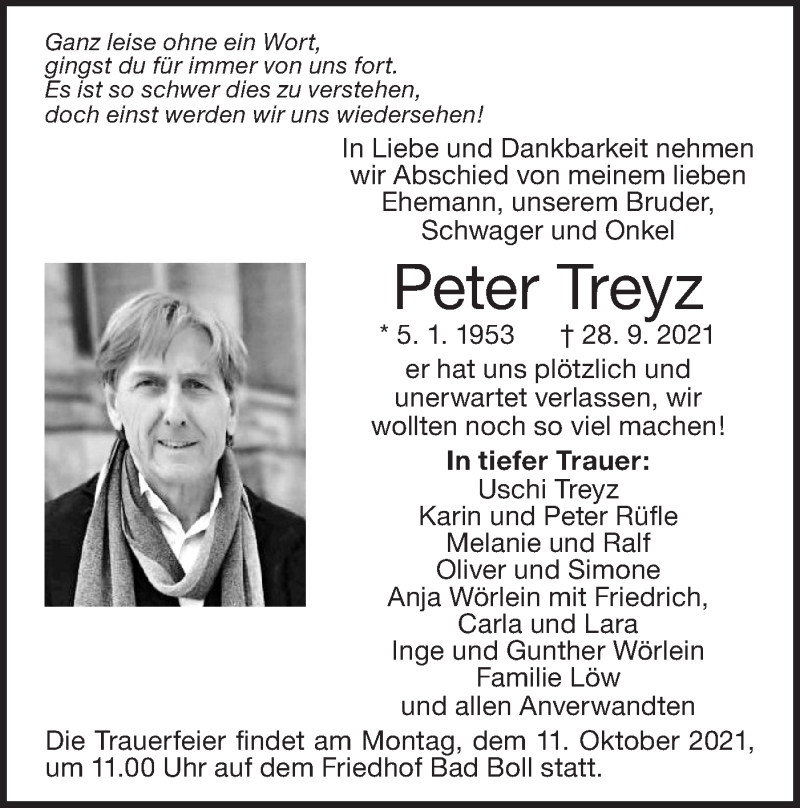  Traueranzeige für Peter Treyz vom 07.10.2021 aus NWZ Neue Württembergische Zeitung/Geislinger Zeitung