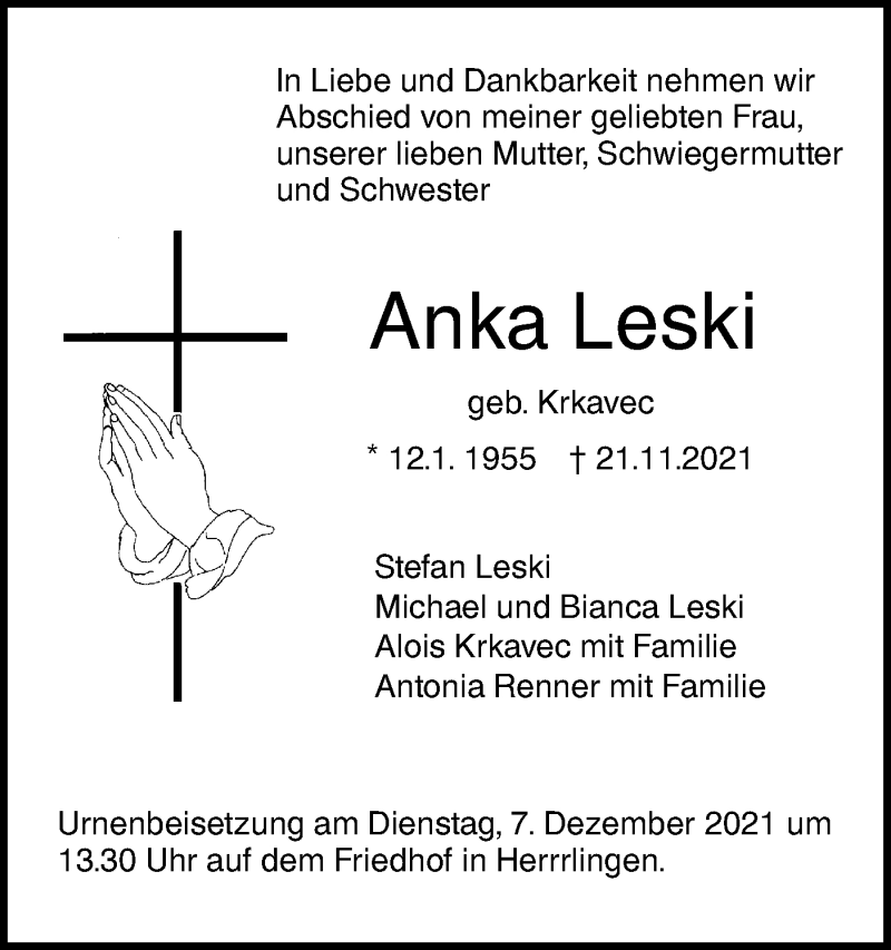 Traueranzeige für Anka Leski vom 01.12.2021 aus SÜDWEST PRESSE Ausgabe Ulm/Neu-Ulm