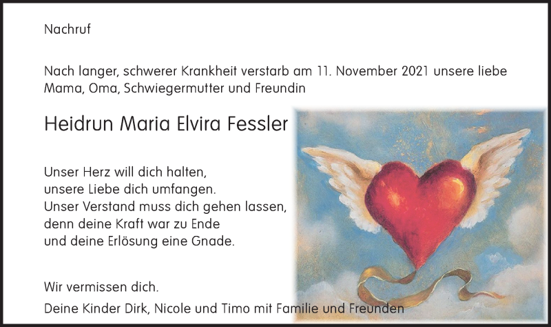  Traueranzeige für Heidrun Maria Elvira Fessler vom 20.11.2021 aus Geislinger Zeitung
