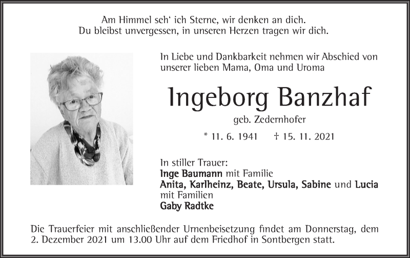  Traueranzeige für Ingeborg Banzhaf vom 27.11.2021 aus Geislinger Zeitung